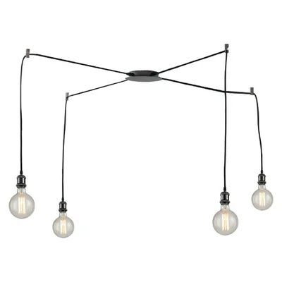 Lampadario a sospensione in tessuto con portalampada in alluminio nero, 4 luci E27, 250cm