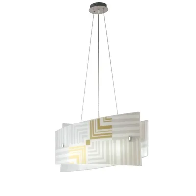 Lampadario a sospensione in vetro bianco e oro, con decori serigrafati, 4 luci E27,  60x130cm