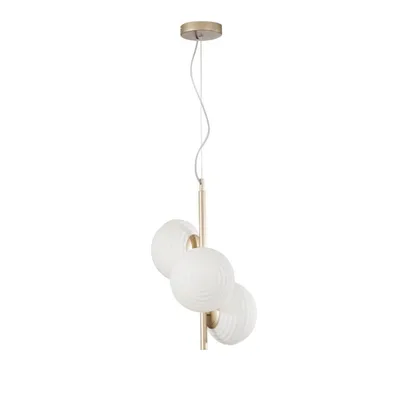 Sospensione in metallo oro e vetro soffiato bianco, 3 diffusori, 32.5x165cm