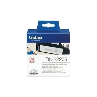 ETICHETTE ADESIVE ORIGINALI BROTHER DK22205 DK-22205 30.48mt 62mm Testo nero su sfondo bianco