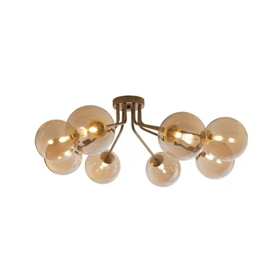 Plafoniera raffinata in metallo oro e vetro soffiato champagne, 8 diffusori, 88.4x28cm