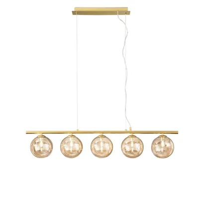 Sospensione lineare in metallo oro e vetro soffiato champagne, 5 diffusori, 100x166cm