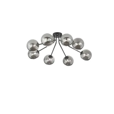 Plafoniera raffinata in metallo nero e vetro soffiato grigio fumè, 8 diffusori, 88.4x28cm