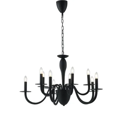 Lampadario classico in metallo nero e piattini neri, 10 lampadine E14, 92x150cm