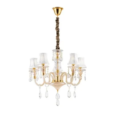 Lampadario a sospensione elegante bianco e oro in cristallo, 5 luci E14, 63x128cm