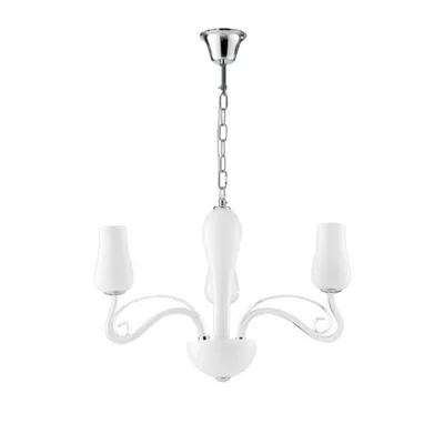 Lampadario a sospensione bianco e cromo in vetro soffiato, finiture cromate, 3 luci E14, 64x115cm