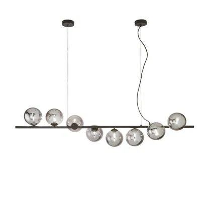 Sospensione lineare in metallo nero e vetro soffiato grigio fumè, 8 diffusori, 145x165cm