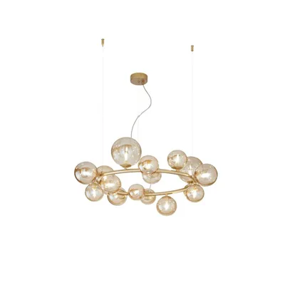Sospensione in metallo oro e vetro soffiato champagne, 16 diffusori, 82x161cm