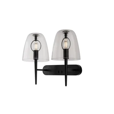 Applique da parete elegante in vetro trasparente e nero, doppio diffusore, lampadine E14, 33,7 x 42 cm