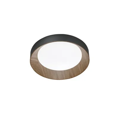 Plafoniera circolare in metallo e acrilico nero, interno legno, 1 LED 23W, CCT, 40x40cm