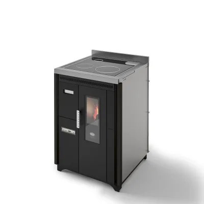 Eva Calòr Cucina a pellet ventilata con piano in acciaio NINA 901658700 finitura nero