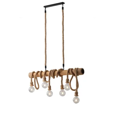 Lampadario a sospensione in metallo con cavo in corda di canapa, 6 luci E27, 100x150cm