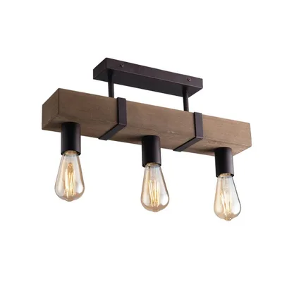 Plafoniera in legno antichizzato e finiture in metallo, 3 luci E27, 50x22cm