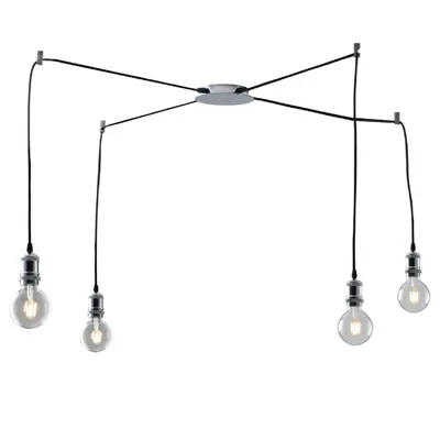 Lampadario a sospensione in tessuto con portalampada in alluminio cromo, 4 luci E27, 250cm