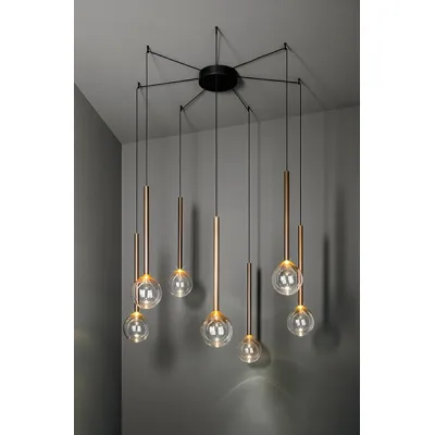 Bonaldo Lampada a sospensione 7 luci Sofì in metallo ottone brunito e vetro ambrato