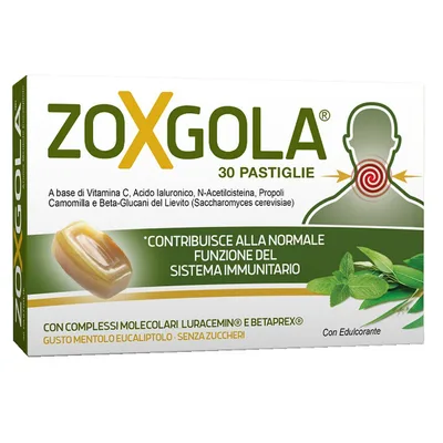 Zoxgola mentolo eucaliptolo 30 pastiglie con edulcorante senza zuccheri senza glutine naturalmente privo di lattosio