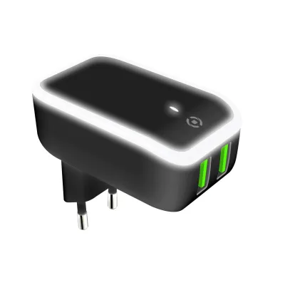 CELLY 2USB-A WALL CHARGER 12W W/LIGHT BK TC2USBLEDBK