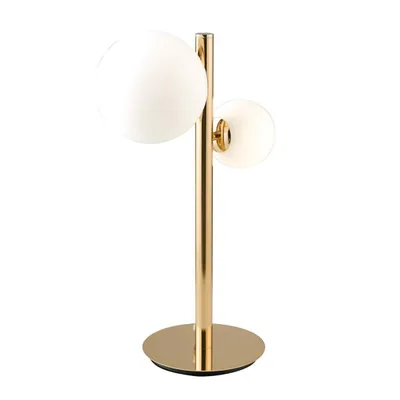 Lampada da tavolo luxury in metallo oro e vetro soffiato bianco, 2 diffusori, 31x47cm
