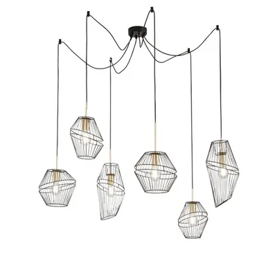 Lampadario a sospensione in metallo nero e oro, 6 luci E27, 65x170cm