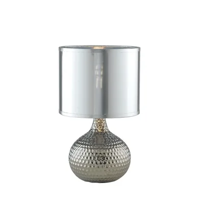 Lumetto in ceramica argento, paralume in tessuto, 1 luce E14, 22x35cm