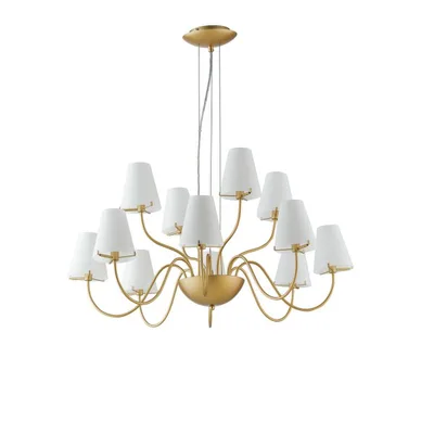 Lampadario classico in metallo oro e vetro bianco, 12 diffusori, 83x150cm