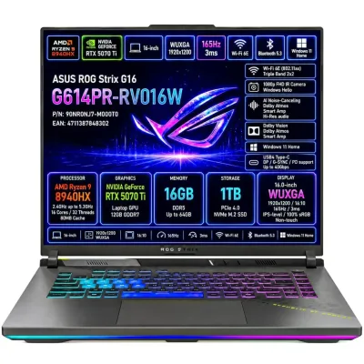 ASUS ROG Strix G16 G614PR-RV016W AMD Ryzen 9 8940HX 16GB NVIDIA GeForce RTX 5070 Ti SSD 1TB 16'' WUXGA 165Hz Win11