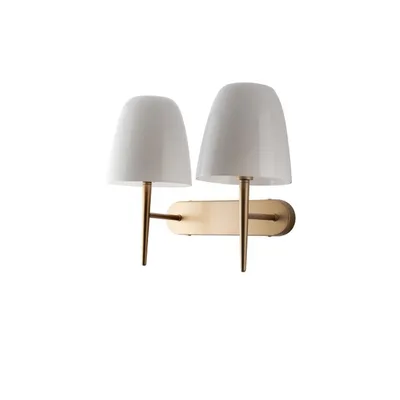 Applique da parete elegante in vetro bianco e oro, doppio diffusore, lampadine E14, 33,7 x 42 cm