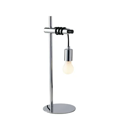 Lampada da tavolo in metallo cromato e cavo in tessuto nero, lampadina E27, 18x50cm