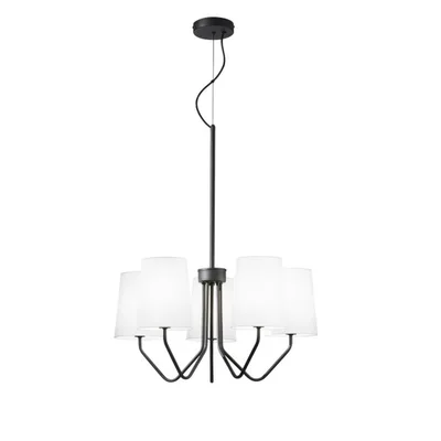 Sospensione in metallo nero con paralumi in tessuto, 5 luci E14, 60x150cm