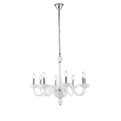 Lampadario bianco in vetro soffiato, finiture cromate, 8 luci E14, 74x178cm