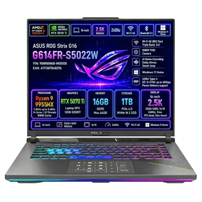 ASUS ROG Strix G16 G614FR-S5022W AMD Ryzen 9 9955HX 16GB NVIDIA GeForce RTX 5070 Ti SSD 1TB 16'' 2.5K 16:10 240Hz 3ms Win11 Home