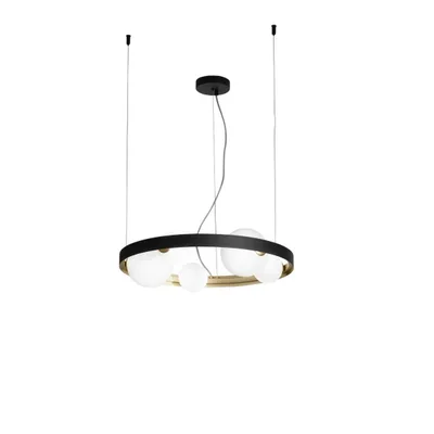 Lampadario circolare nero, oro e bianco in alluminio, 5 lampadine G9, 55x150cm