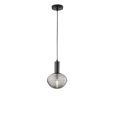 Sospensione in metallo nero e vetro soffiato cromo, una lampadina E27, 18x150cm