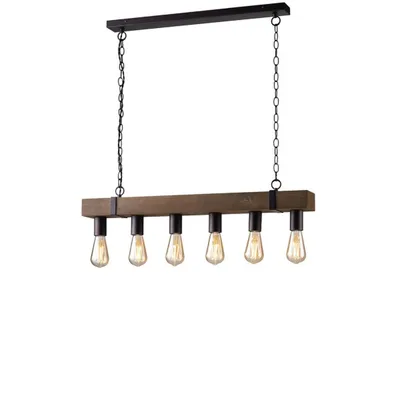 Lampadario a sospensione in legno antichizzato e finiture in metallo, 6 luci E27, 80x135cm