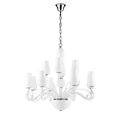 Lampadario a sospensione bianco e cromo in vetro soffiato, finiture cromate, 12 luci E14, 80x140cm