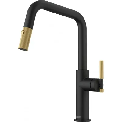 Franke: Miscelatore monocomando con doccetta estraibile Maris Stripes U 115.0747.676 finitura nero opaco/gold