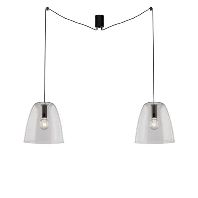 Lampadario a sospensione trasparente e nero in vetro, 2 diffusori, 250cm