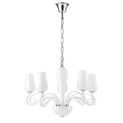 Lampadario a sospensione bianco e cromo in vetro soffiato, finiture cromate, 5 luci E14, 64x120cm