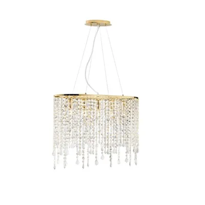 Lampadario a sospensione con pendenti in cristallo oro e trasparente, 5 luci E14, 66.5x140cm