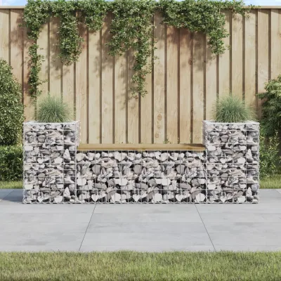 Gabbia Lunga — Panca da giardino in pino impregnato, base a gabbione, 183x41x60,5 cm