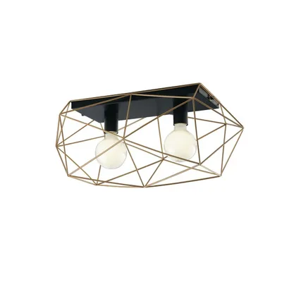 Plafoniera geometrica in metallo nero e oro, 2 luci E27, 60x26.5cm