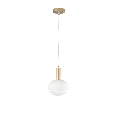 Sospensione in metallo oro e vetro soffiato bianco, una lampadina E27, 18x150cm