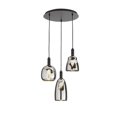 Sospensione a 3 luci nera in vetro cromo, lampadina E14, 150x39cm