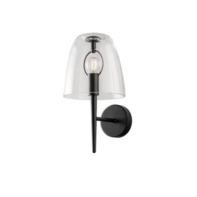 Applique da parete elegante in vetro soffiato trasparente e nero, lampadina E14, 22x33.7cm