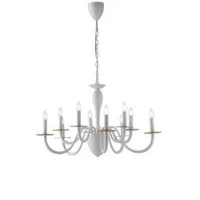 Lampadario classico in metallo bianco e piattini oro, 10 lampadine E14, 92x150cm