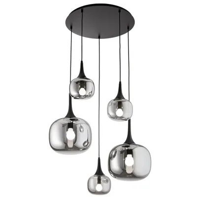 Sospensione in metallo con 5 diffusori in vetro grigio fumè, lampadine E27 + E14, 70x200cm