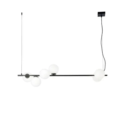 Sospensione lineare in metallo nero e vetro bianco, 6 diffusori, 120x150cm