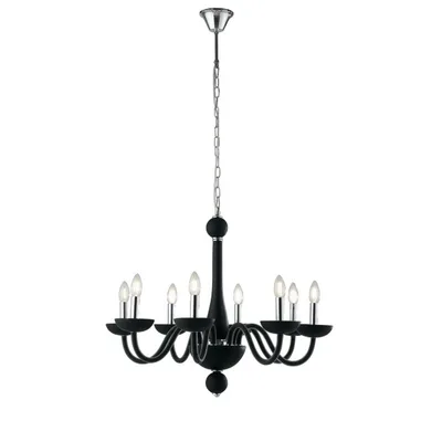 Lampadario nero in vetro soffiato, finiture cromate, 8 luci E14, 74x178cm