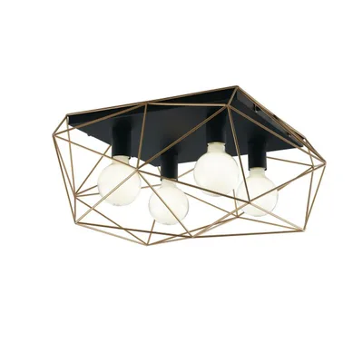 Plafoniera geometrica in metallo nero e oro, 4 luci E27, 62.5x26.5cm