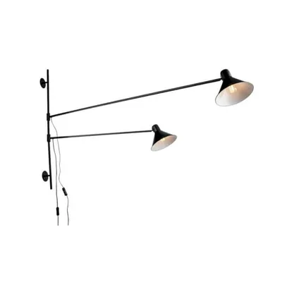 Applique doppio in metallo nero, struttura regolabile, 2 luci E27, 88x200cm